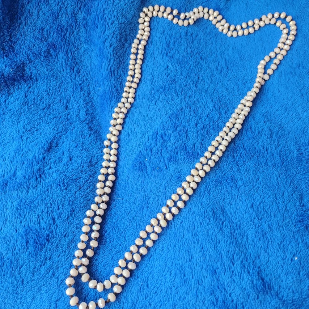 Long Continuous Strand White Faceted Crystal Beaded Knotted Necklace